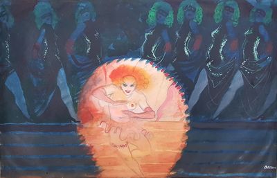 a painting of a woman sitting on a bench in front of a group of people
