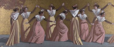 un tableau représentant un groupe de femmes dansant devant un mur doré