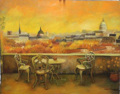 painting of a view of a city from a balcony with a table and chairs