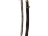 a close up of a sword with a wooden handle on a white background