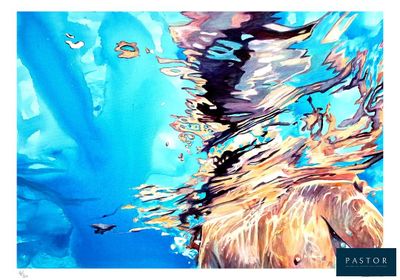 tableau représentant une femme nageant dans l'eau, les cheveux au vent