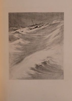 drawing of a ship in rough water with a boat in the background
