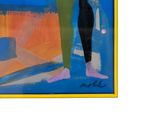 a painting of a woman holding a surfboard in front of a window