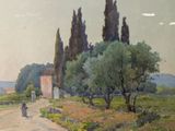 a painting of a man riding a horse down the road