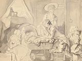 un dessin représentant une femme assise sur un lit dans une chambre