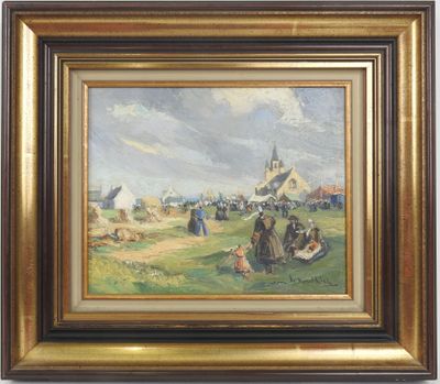 une peinture à l'huile représentant un groupe de personnes assises dans un champ