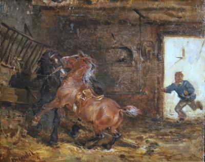 painting of two horses fighting in a barn with a man in the background