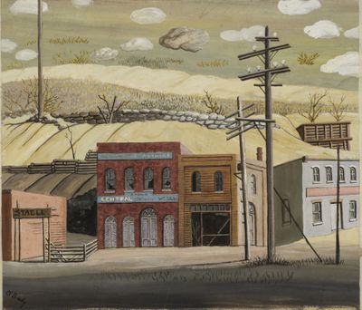 painting of a town scene with buildings, telephone poles, and a flying object in the sky