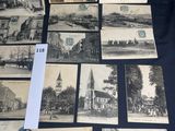 several old black and white photographs of a town and a church