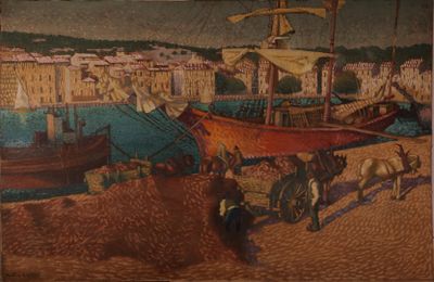 une image d'un tableau représentant un bateau dans l'eau