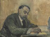 tableau représentant un homme assis à une table, en train d'écrire dans un livre