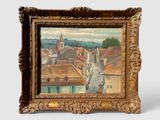 une peinture à l'huile représentant un paysage urbain avec une tour horloge en arrière-plan