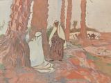 un tableau représentant deux personnes assises sous un arbre