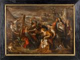 an image of a painting of a group of people with a cross