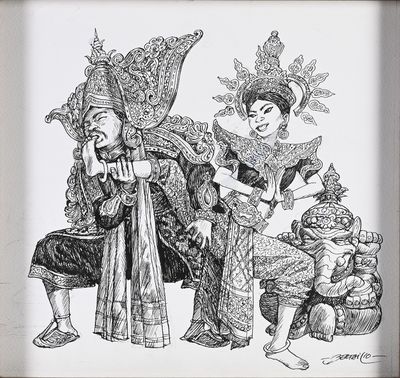 un dessin représentant un homme et une femme assis sur une chaise