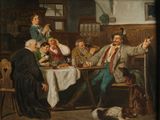 a painting of a group of people sitting around a table