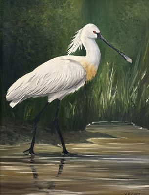 tableau représentant un oiseau blanc au long bec, se tenant debout dans un plan d'eau