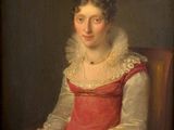 a painting of a woman in a red dress sitting in a chair
