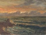 une image d'un tableau représentant un coucher de soleil sur une étendue d'eau
