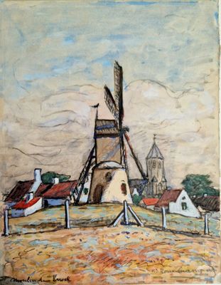 une image représentant un moulin à vent dans un champ