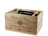 a wooden box with a bottle of wine inside of it