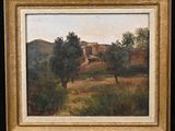 une peinture représentant un paysage avec des arbres et un bâtiment en arrière-plan
