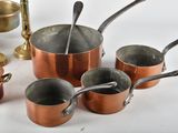 a lot of pots and pans that are on the table