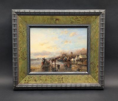 une peinture à l'huile représentant un groupe de personnes sur une plage au bord d'un plan d'eau