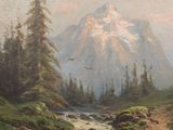 painting of a mountain scene with a stream in the foreground