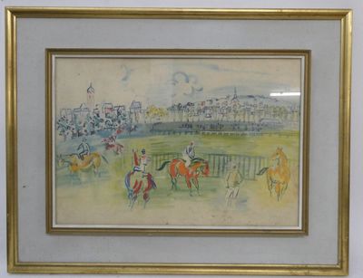 peinture d'une course de chevaux avec des jockeys et des chevaux en arrière-plan