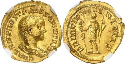 a gold coin with an image of a man holding a sword
