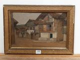 painting of a street scene with a house and a dog in the foreground