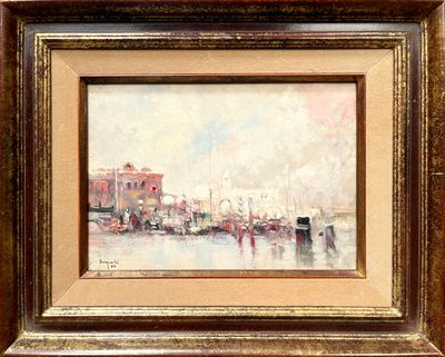 a painting of a harbor scene with boats in the water
