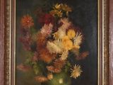 painting of flowers in a green vase on a black background
