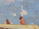 a painting of two people sitting on a bench