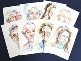 several portraits of people are shown on a blue table cloth
