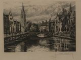 dessin représentant une vue d'une ville avec un pont enjambant une rivière