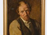 portrait of a man in a vest by a easel in a room