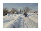 un tableau représentant une calèche tirée par des chevaux sur une route enneigée