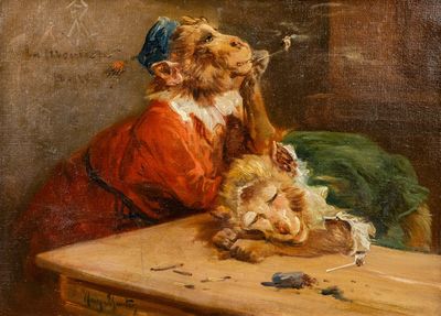 un tableau représentant un chien et un chat assis à une table