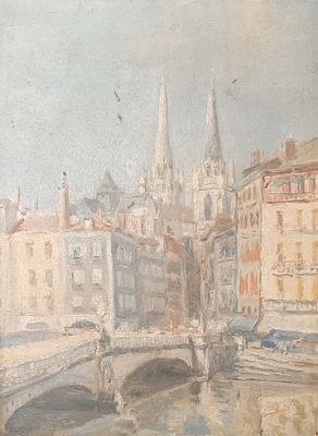a painting of a bridge over a river with buildings in the background