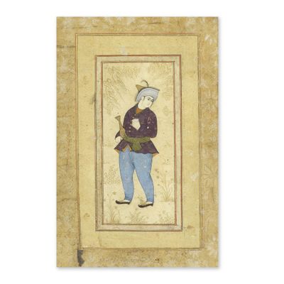un vieux tableau représentant un homme tenant un oiseau dans la main