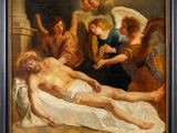 an oil painting of a man laying on a bed with angels surrounding him