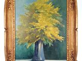 an oil painting of a tree in a vase on a easel