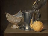 a painting of a silver pitcher and a lemon on a table