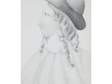 a drawing of a woman wearing a hat and dress