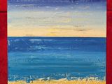 une peinture à l'huile représentant une scène de plage avec un mur rouge