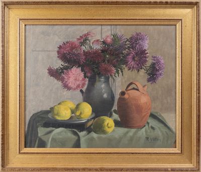 a painting of a vase of flowers and fruit on a table