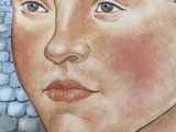 painting of a woman with a blue head scarf and a brick wall in the background