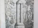 an old engraving of a monument with a pine on top of it